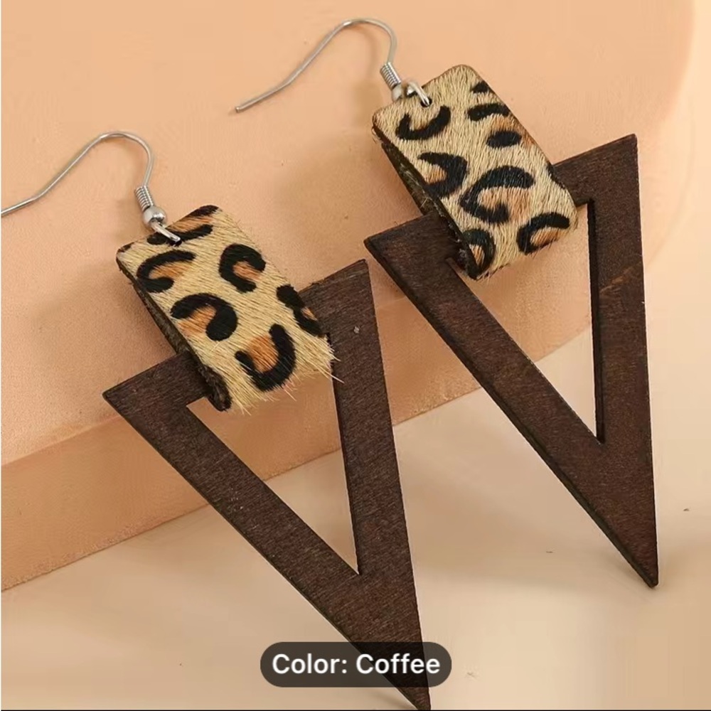 Leopard Print and Wood Triangle Earrings